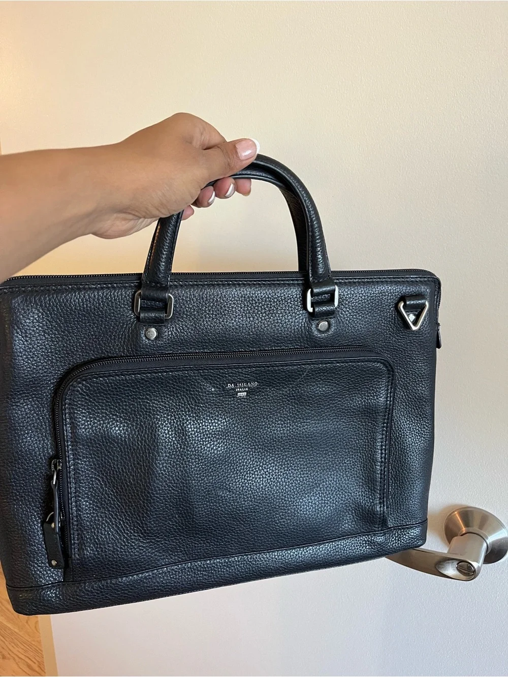 Men's Black Pebbled Leather Briefcase with Front Zip Pocket